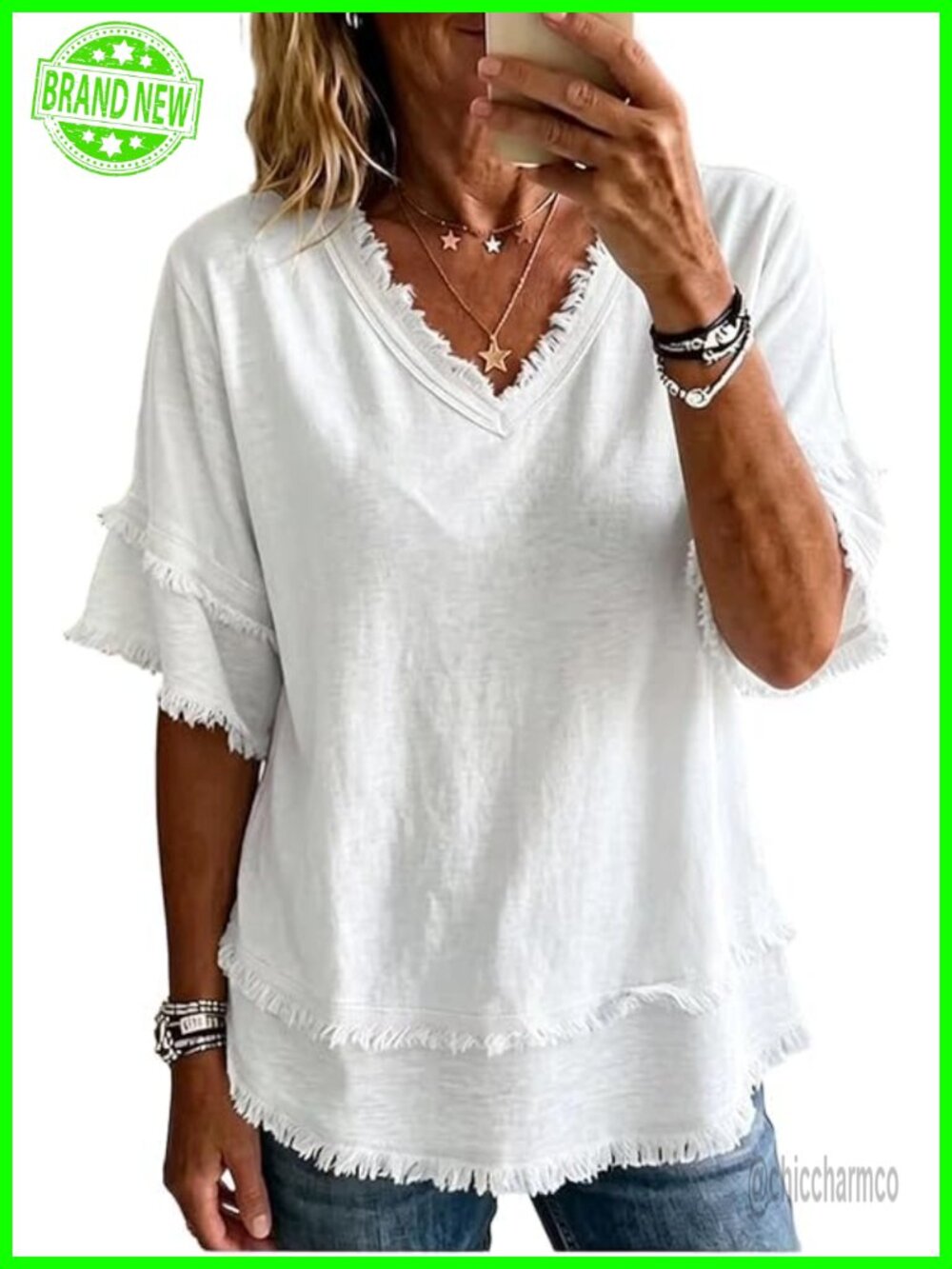 Linen Cotton Blend V-Neck Short Sleeve Boho Fringe Top Casual Summer